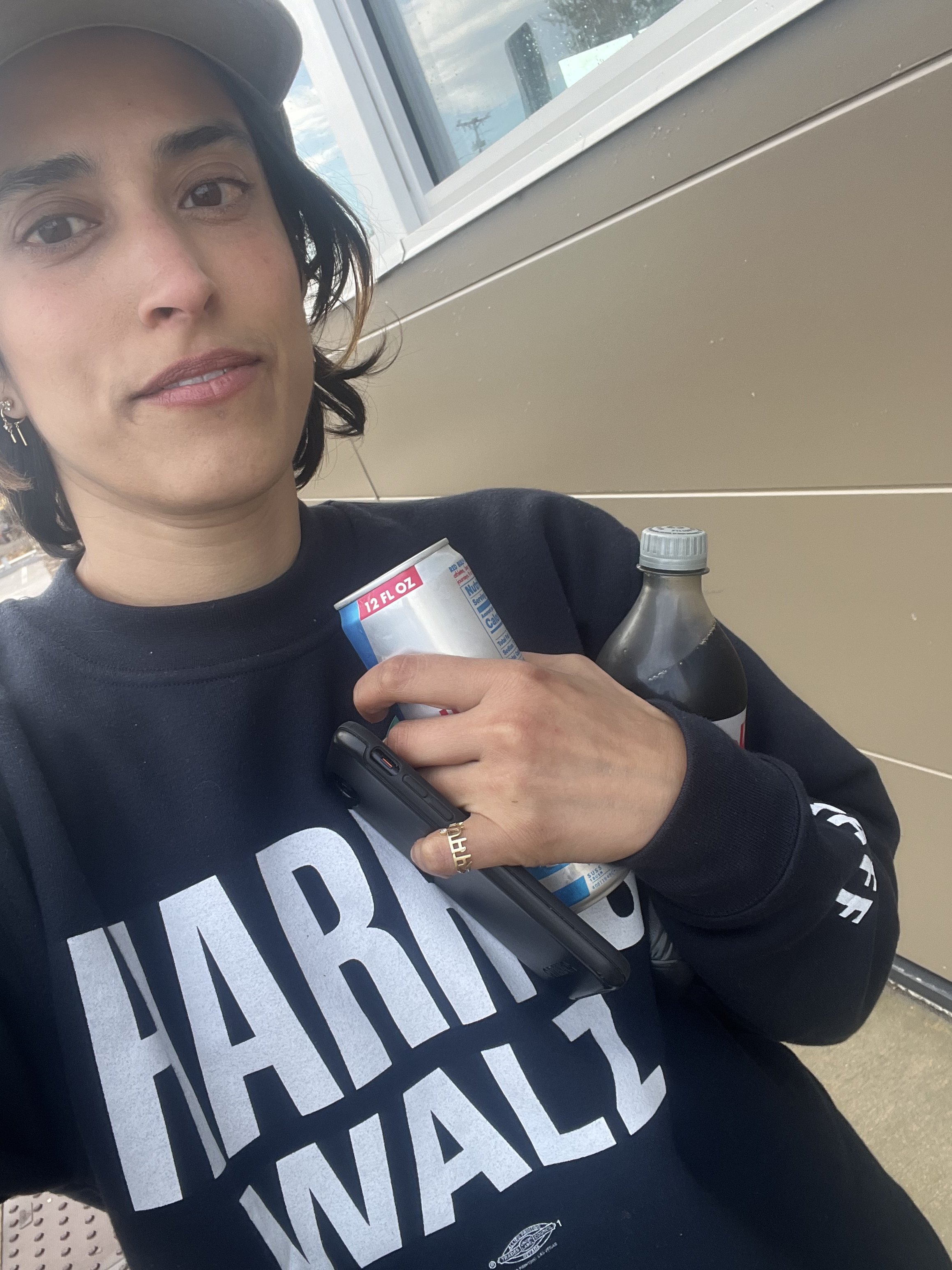 Darshini in a Harris/Walz sweatshirt during the New Hampshire campaign