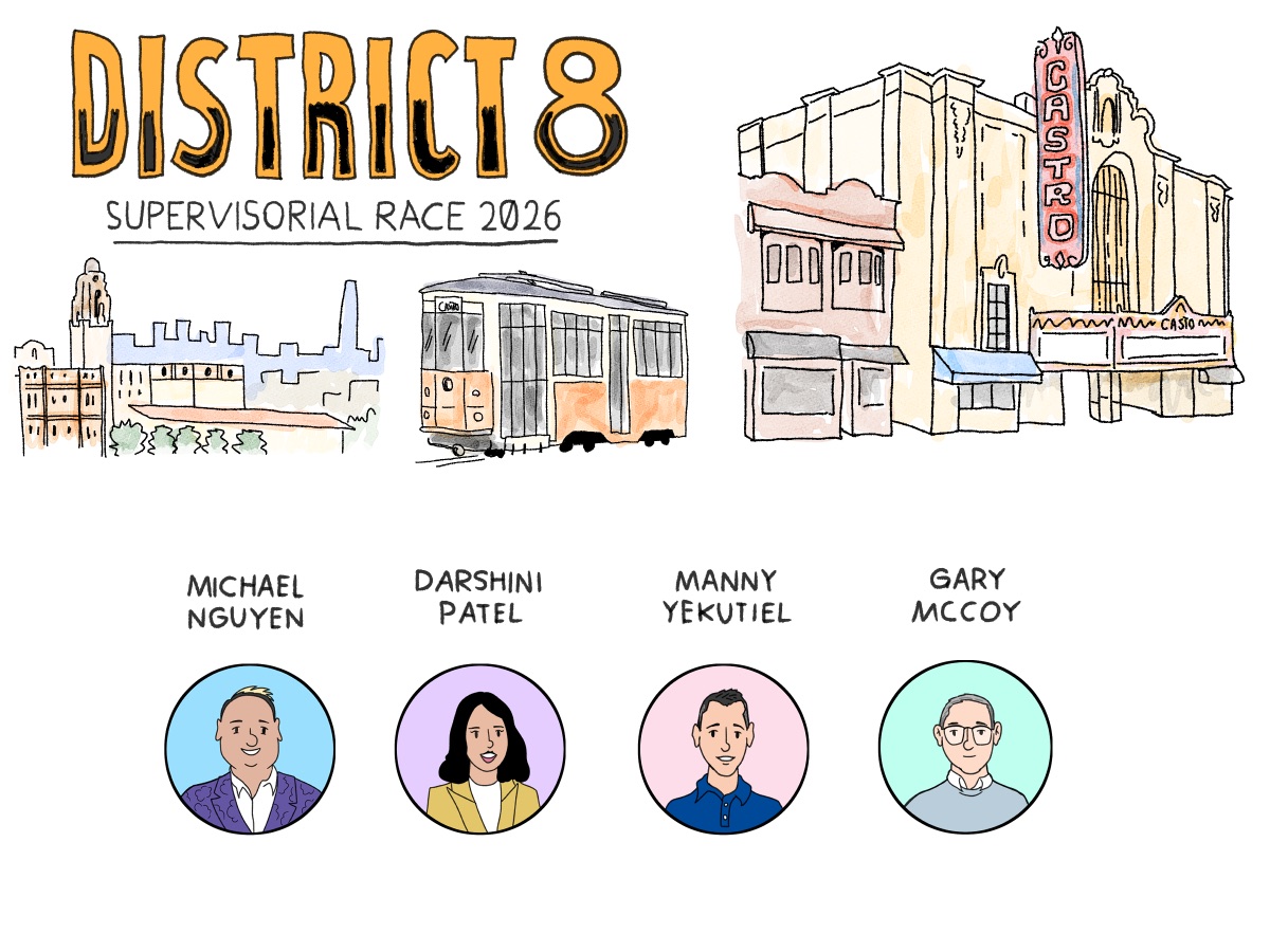 Mission Local's illustrated District 8 race banner with the four candidates
